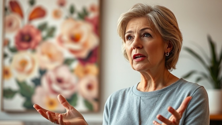 Middle-aged woman giving advice on natural sleep remedies for older adults, vibrant floral background.