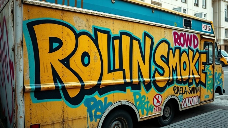 Vibrant food truck 'ROLLIN SMOKE' showcasing community resilience in urban setting.