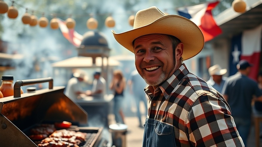 Cheerful man grilling KG BBQ in vibrant Austin BBQ scene, showcasing Texas culture.