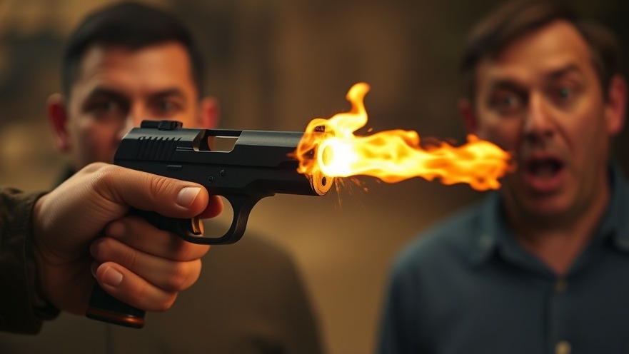Dallas crime news: hand holding a pistol with flames, surprised faces blurred in background.