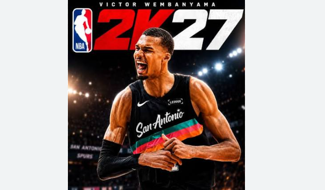 Victor Wembanyama NBA 2K cover celebration on court with teammates