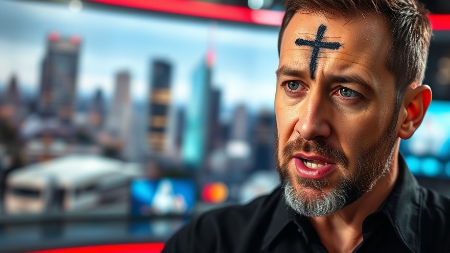 Man with black ashes on forehead discussing Wahlberg faith journey in a vibrant TV studio.