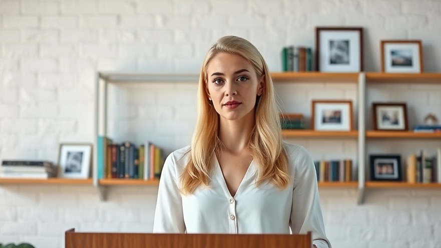 Elegantly poised young woman at podium discussing Kirk assassination updates.