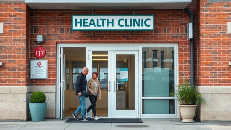 Health clinic during the measles outbreak 2025 with two people entering.