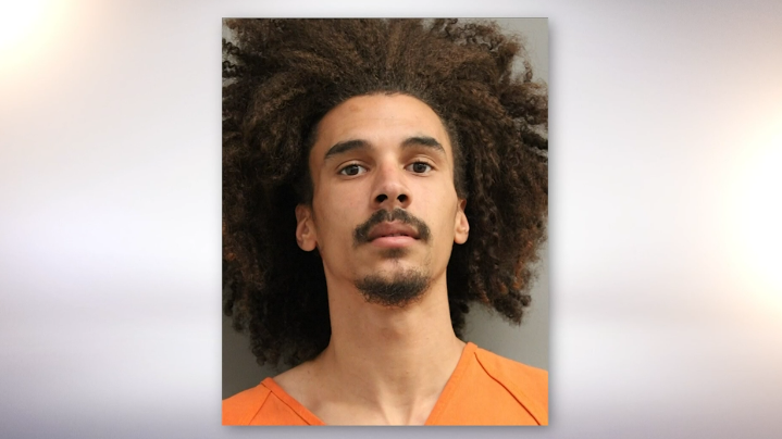 Young woman, security camera footage, and man with curly hair in triptych.