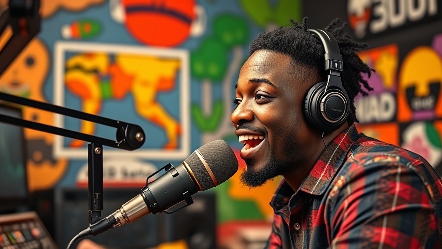 Engaging black radio host advocating media freedom amidst censorship concerns in vibrant studio.