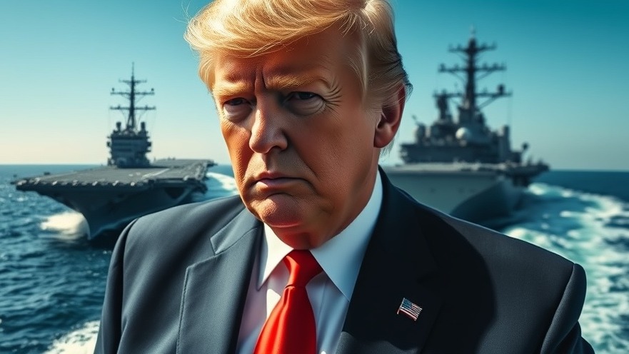 Trump in navy suit with a naval aircraft carrier, capturing latest breaking news today.
