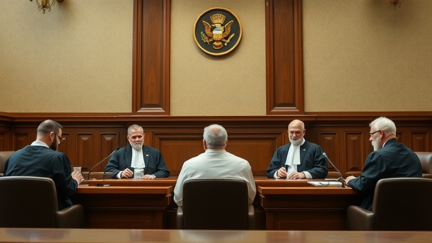 Judges deliberating on legal ruling on Trump tariffs in a courtroom.