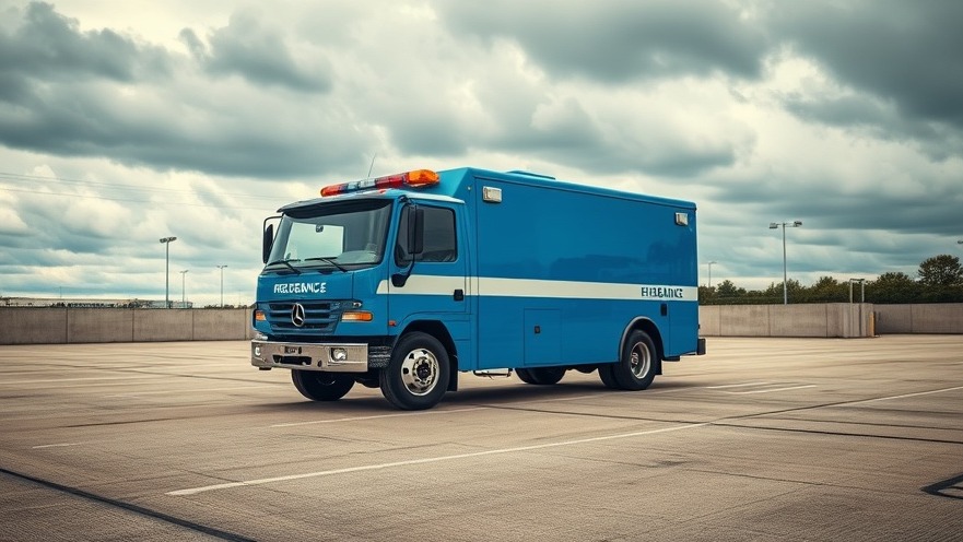 Bright blue emergency vehicle for disaster relief Texas in a spacious lot.