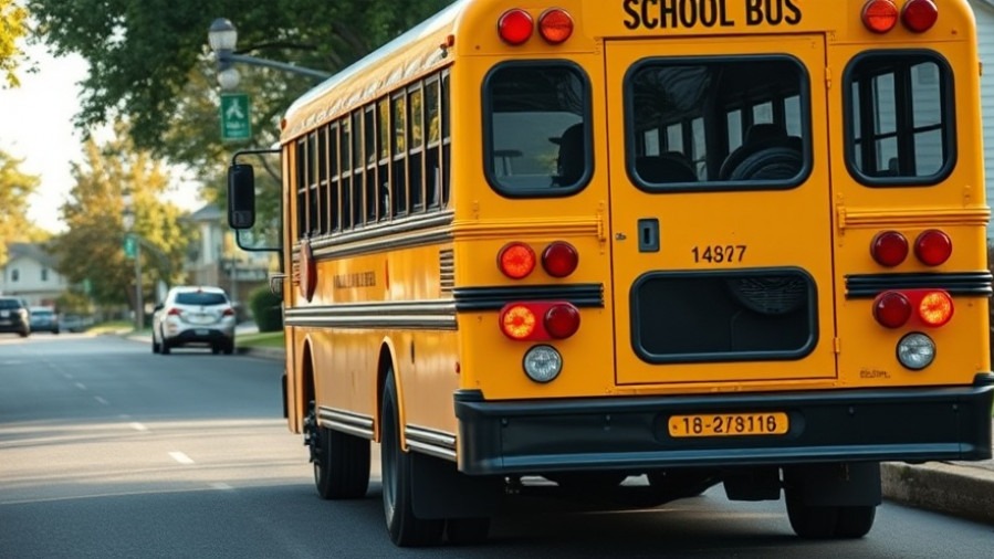 Photorealistic yellow school bus with red lights, promoting educational reform in Texas.