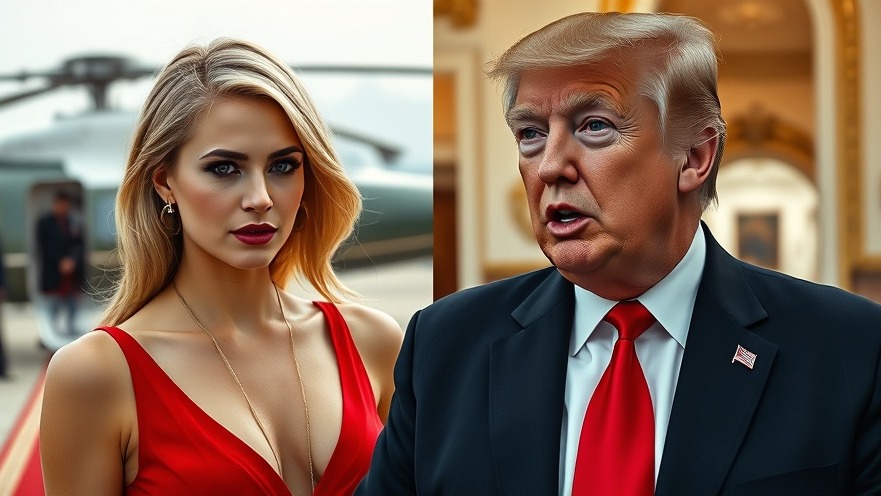 Stylish blond woman in red dress, Trump speaking, highlighting celebrity endorsements.