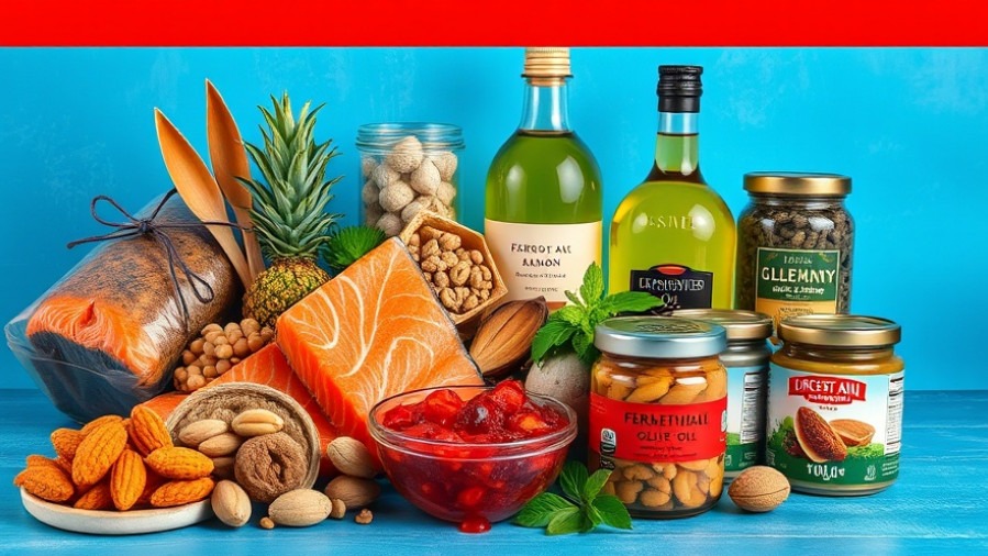 Colorful healthy foods rich in omega-3s for brain health and probiotics for mental health.