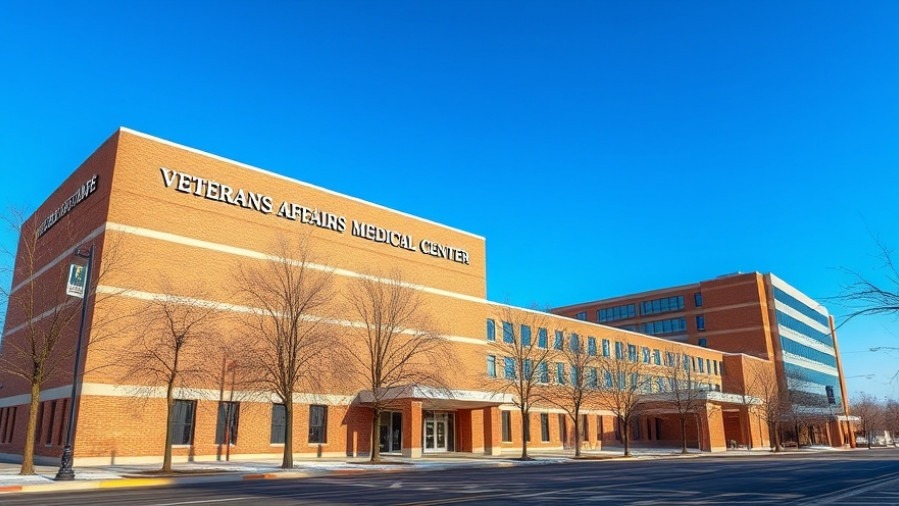 Veterans Affairs Medical Center supporting veteran mental health resources under a clear blue sky.