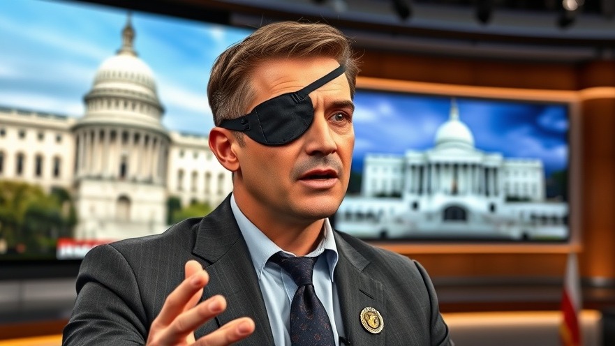 Confident speaker with eyepatch in TV studio discussing military operations and American identity.