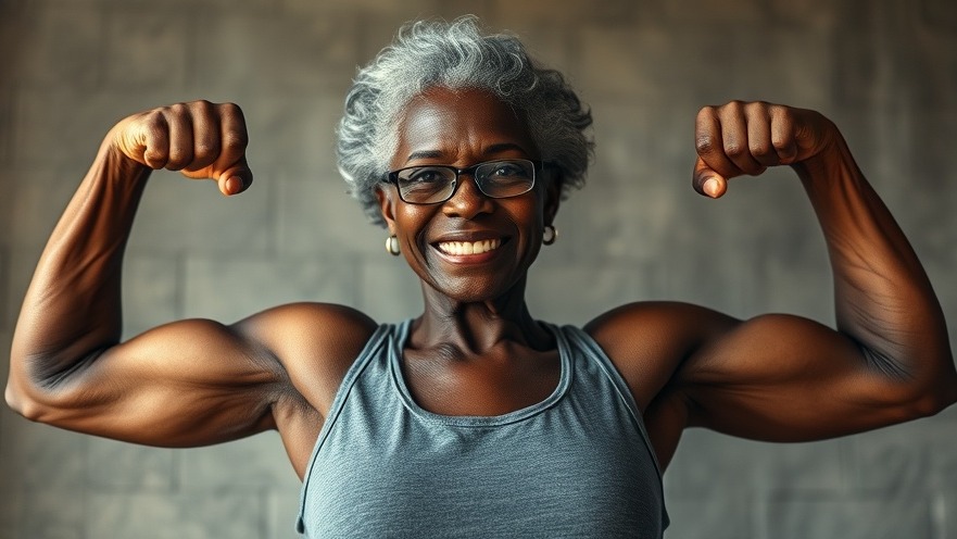 Muscular older black woman showcasing strength and vitality for healthy aging in Houston.