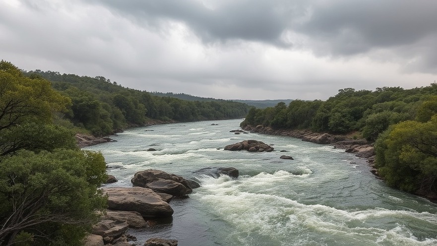 Rampaging river in Texas Hill Country during rainy weather, highlighting emergency response needs.
