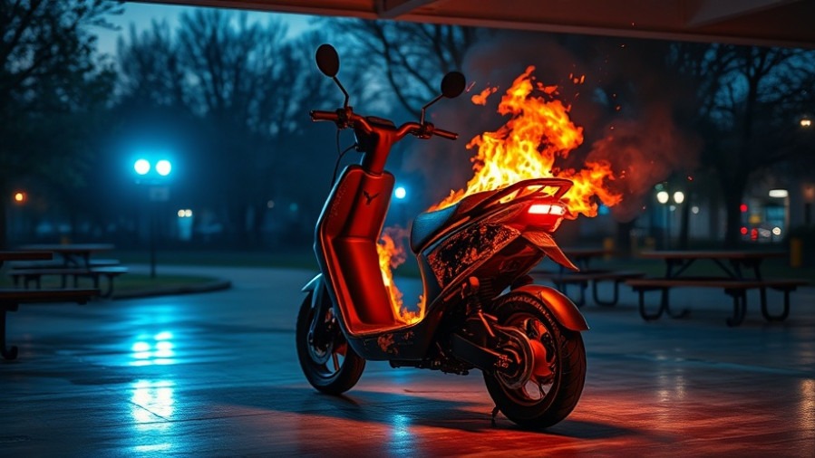 Charred e-scooter in a garage, highlighting electric bike safety amid night emergency response.