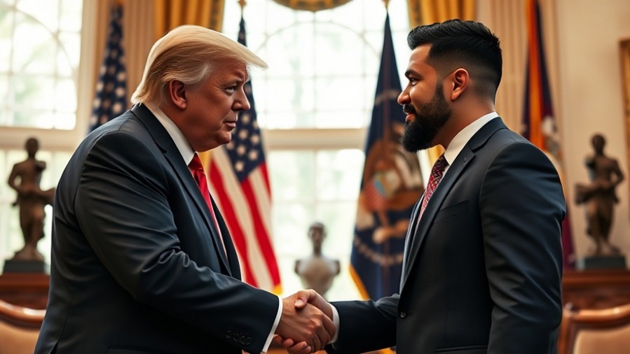 Trump shakes hands with a young Hispanic man in NYC, highlighting collaborative governance in politics.