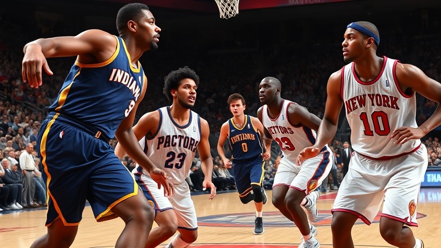 Intense NBA playoffs game between Indiana Pacers and Knicks, showcasing player dynamics.