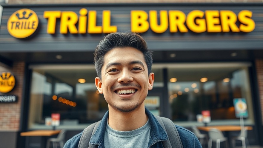 Enthusiastic individual in front of Trill Burgers, showcasing small business growth in Houston.