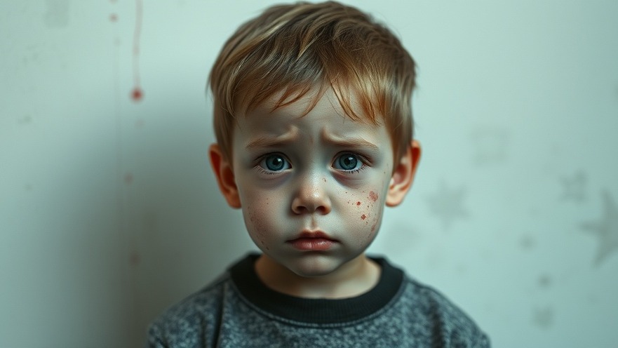 Sad child showing red measle spots amidst Texas health news on vaccinations.