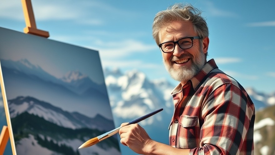 Joyful artist embodying Bob Ross legacy, painting serene mountain landscape with vibrant colors.
