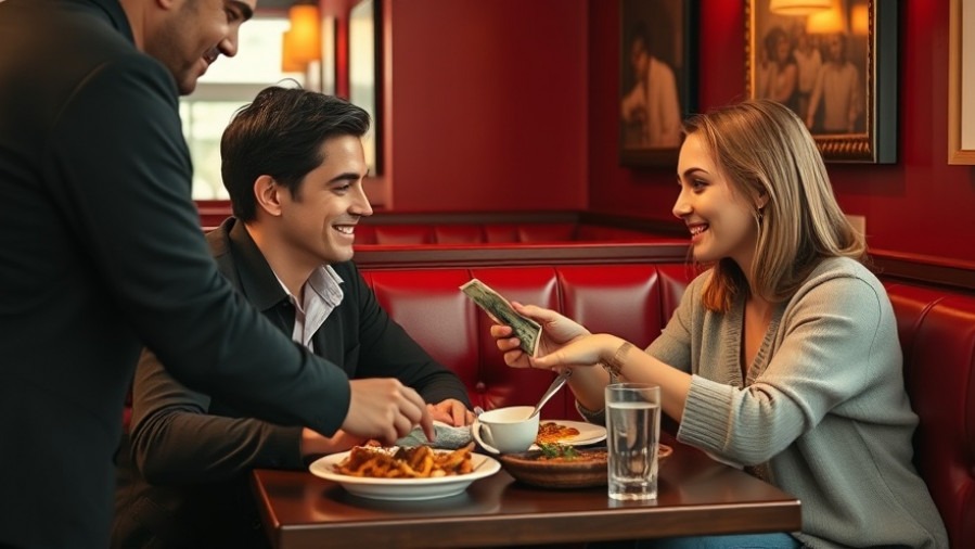 Couple enjoying San Antonio dining, sharing a meal, paying with cash in cozy restaurant.