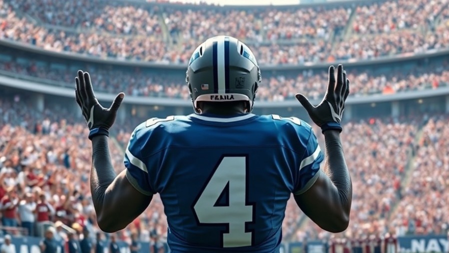 Dallas Cowboys #4 pondering strategy in a vibrant, crowded stadium.