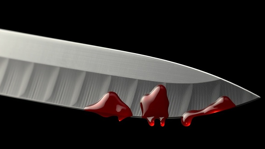 Photorealistic steel knife draped in red liquid, highlighting Dallas crime news.