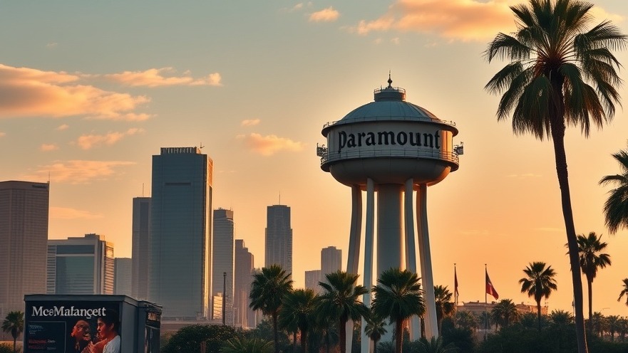 Paramount water tower silhouette against San Antonio skyline, showcasing local movie news and activities.
