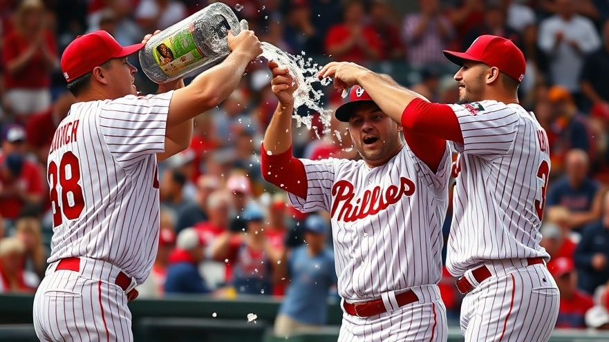 Philadelphia Phillies players celebrate a thrilling catcher's interference moment, joyfully pouring water.