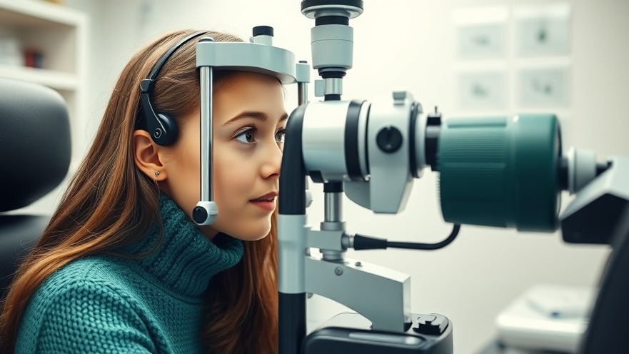 Teenage girl in cozy sweater during eye exam, promoting healthy eating habits.