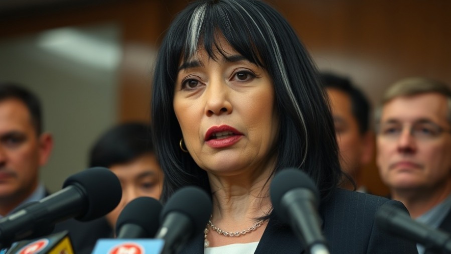 Middle-aged woman with black and white hair speaking on U.S. immigration policy at a press conference.