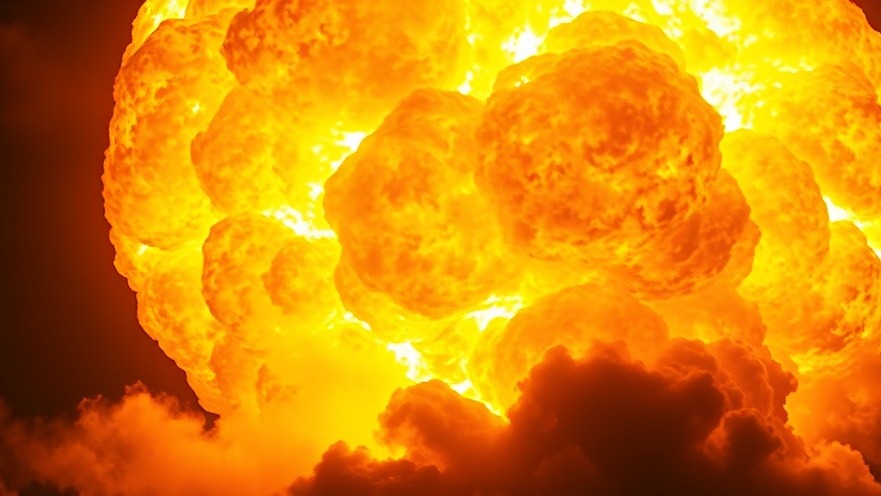Dramatic fiery explosion in breaking US news broadcast style, vibrant yellows and oranges.