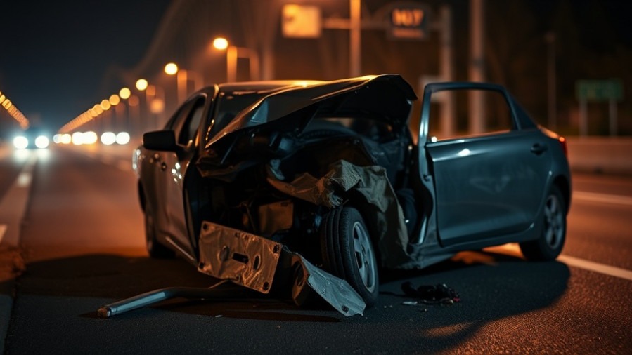 Severely damaged car at nighttime accident scene, highlighting San Antonio traffic news.