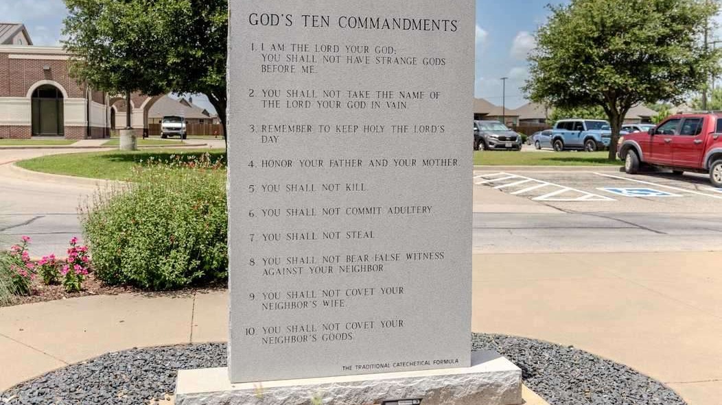 Highlighted Ten Commandments text from Bible, focusing on 'You shall not murder,' related to Texas ruling.
