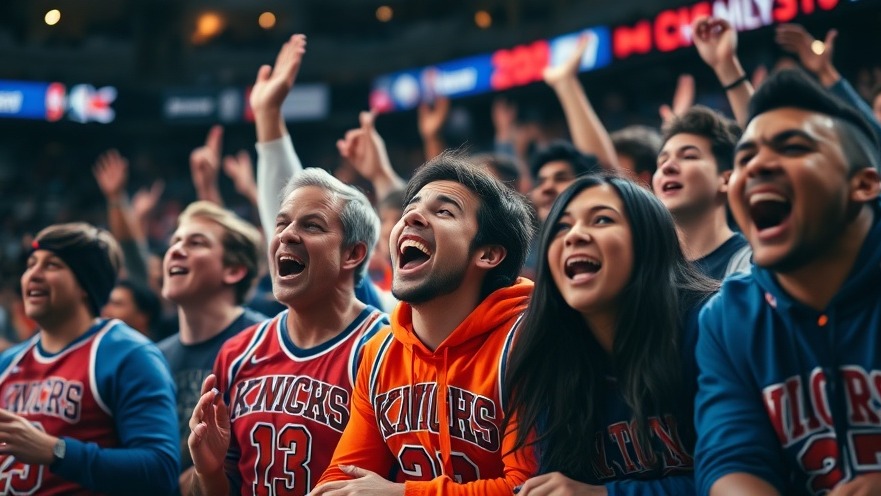 Energetic NBA playoffs fans in Knicks and 76ers colors celebrating at courtside.