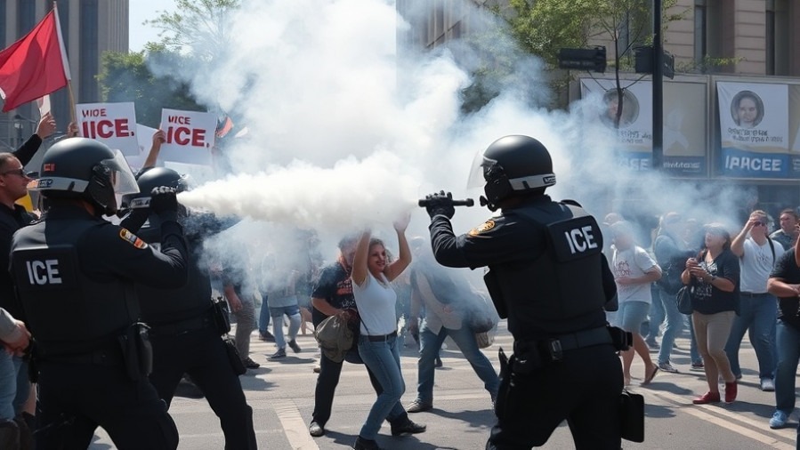 Protestors confront ICE agents with tear gas in breaking national news.