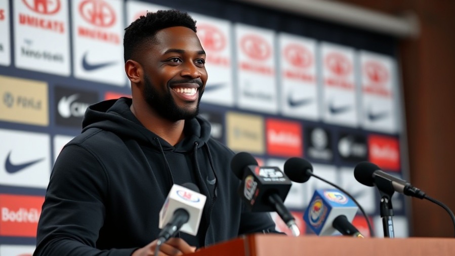 Confident man at Houston Texans press conference, showcasing team culture and community impact.