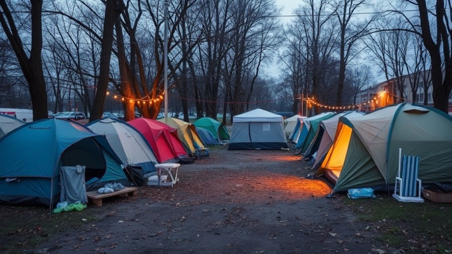 Homeless camp depicting challenges in the housing market USA and public safety news.