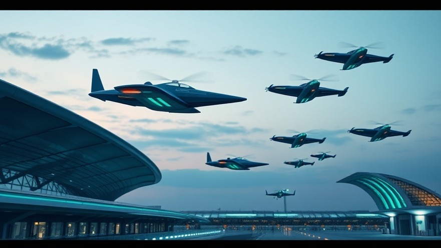Futuristic airport showcasing eVTOL flying taxis above urban mobility infrastructure in San Antonio.