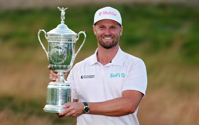 Podcast discussion about Wyndham Clark's controversial win with US Open logo.