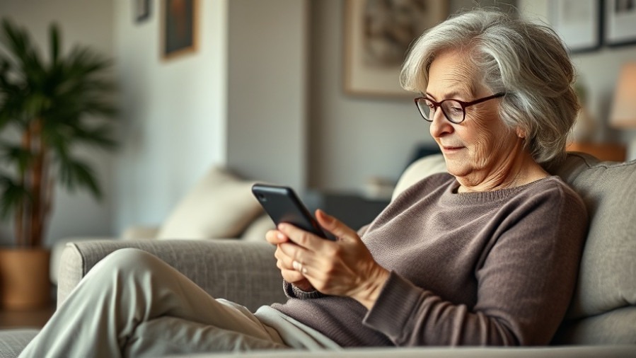 Senior woman enjoying wellness events, browsing smartphone in a calm indoor setting.
