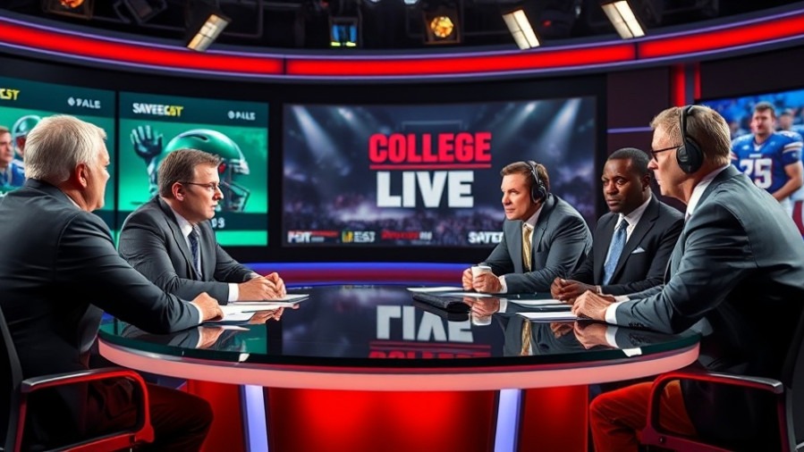 Sports analysts discussing college football scores and SEC standings in a vibrant studio.