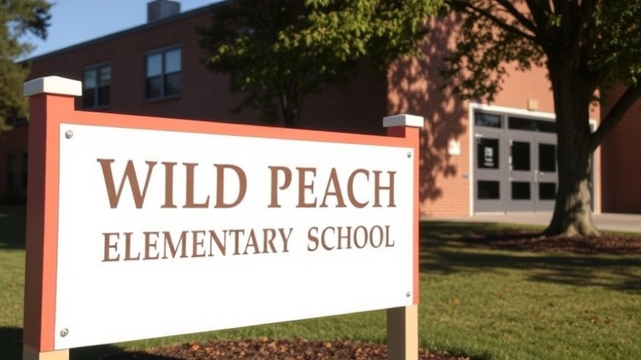 Wild Peach Elementary School sign promoting autism awareness and school safety measures.