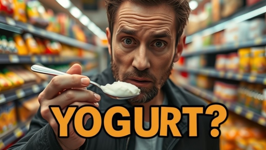 Concerned man with yogurt in grocery store, highlighting Houston wellness events.