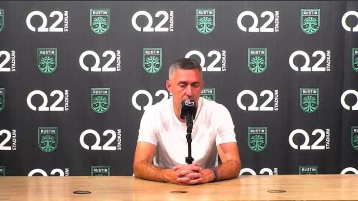 Austin FC post-game press conference announcement graphic with teal background.
