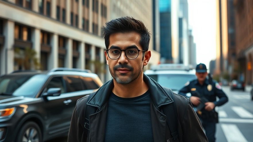 Casual Hispanic man escorted by police amid Bexar County crash news on city street.