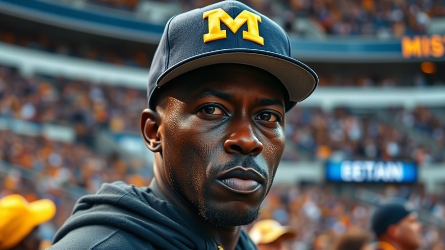 Serious black man in Michigan hat at sports event, reflects on Michigan football coaching changes.