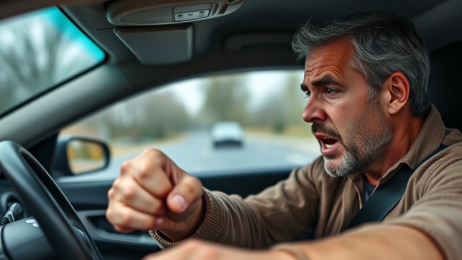 A man exhibits driving aggression, shaking fist in road rage behavior.